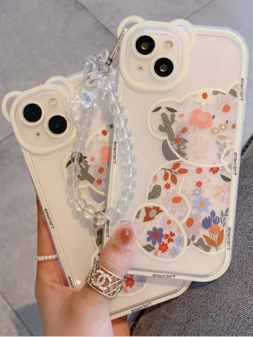 iPhone 12 pro max Case Clear Cute Flower Bear with Pearl Chain